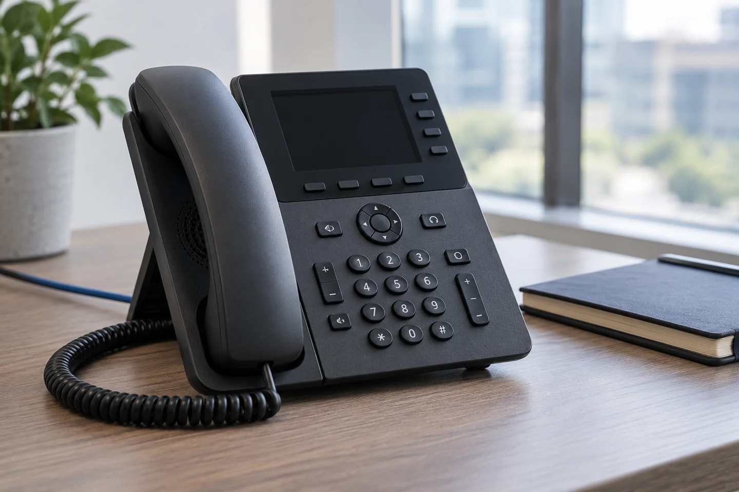 Biurowy telefon IP ze słuchawką i klawiaturą